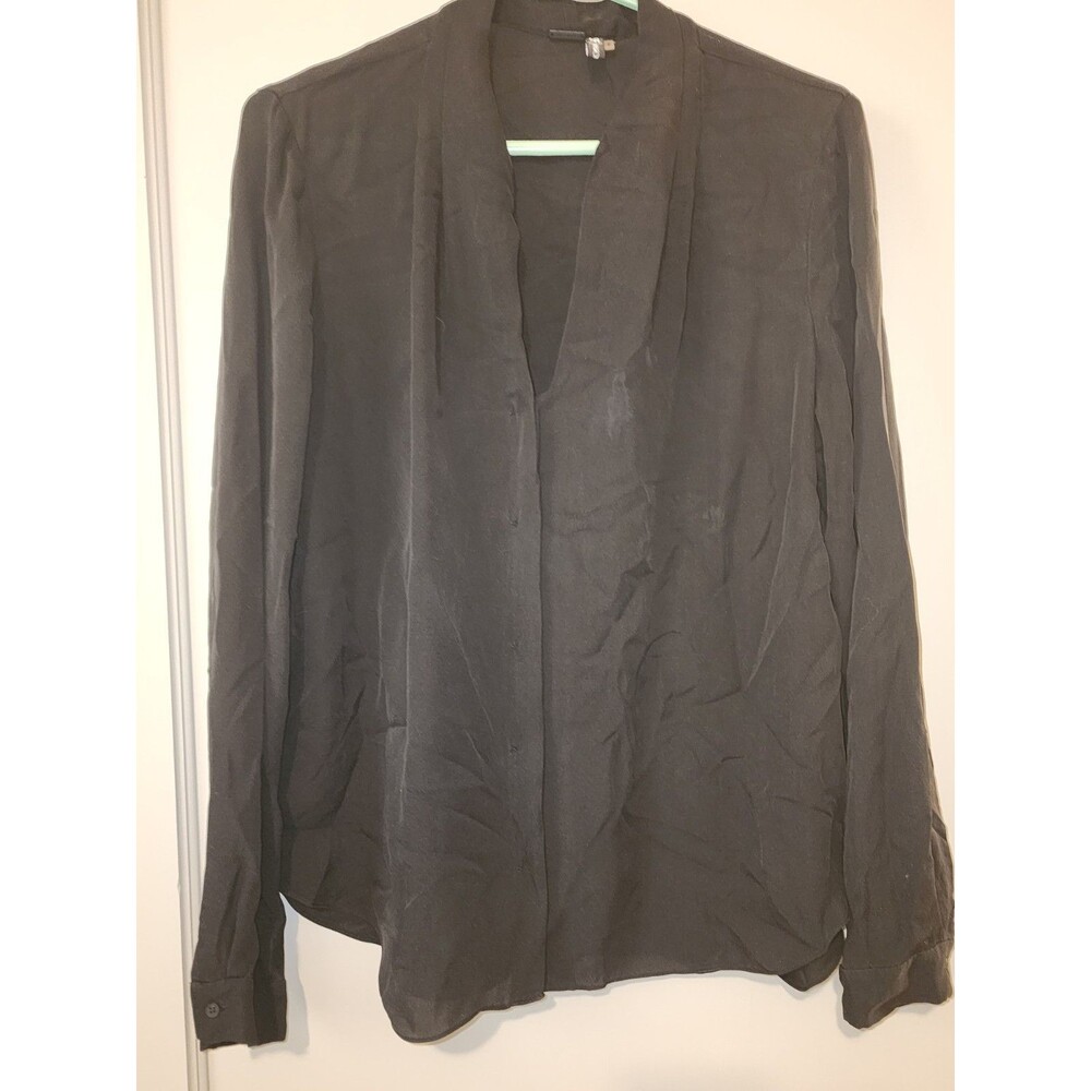Elie Tahari Bergdof Goodman 5F Womens Silk Blouse L Black V Neck long sleeve